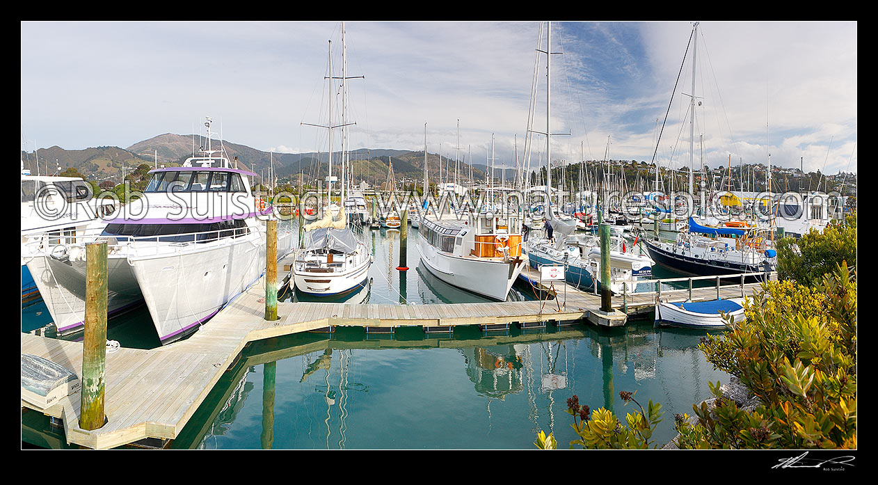 Image of Nelson marina with boats and recreational yachts. Panorama, Nelson, Nelson City District, Nelson Region, New Zealand (NZ) stock photo image