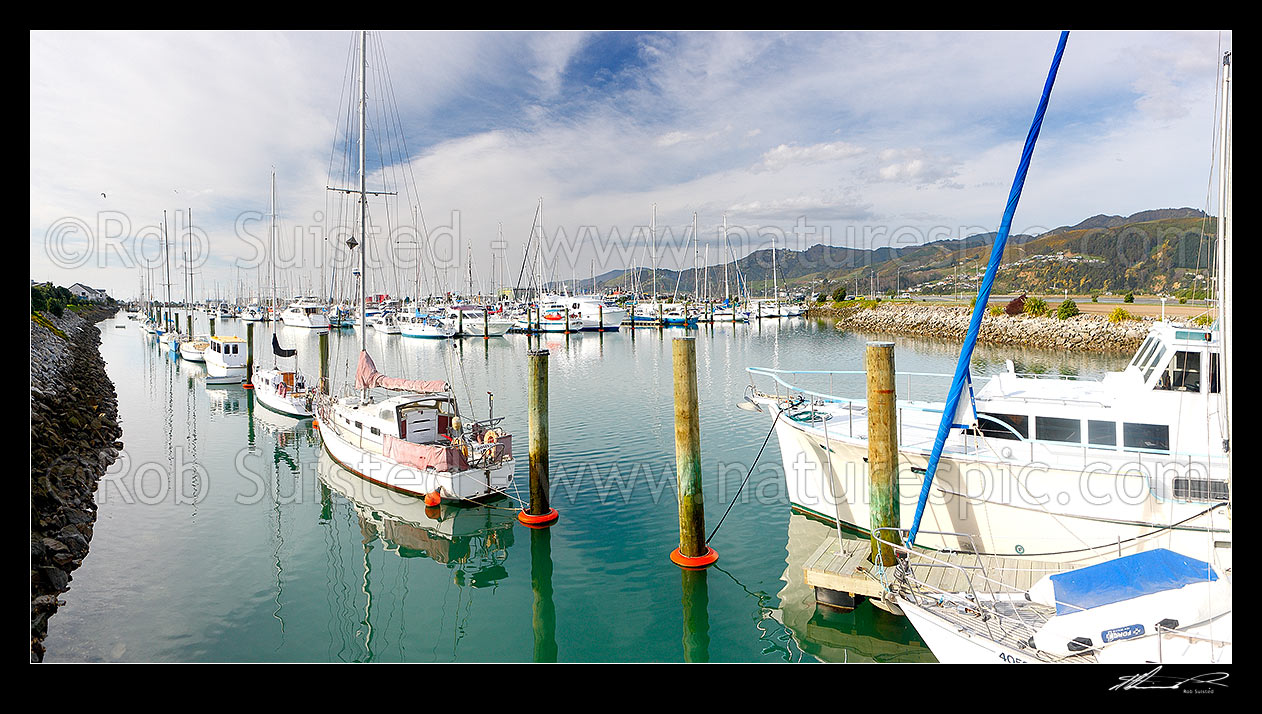 Image of Nelson marina with boats and recreational yachts. Panorama, Nelson, Nelson City District, Nelson Region, New Zealand (NZ) stock photo image