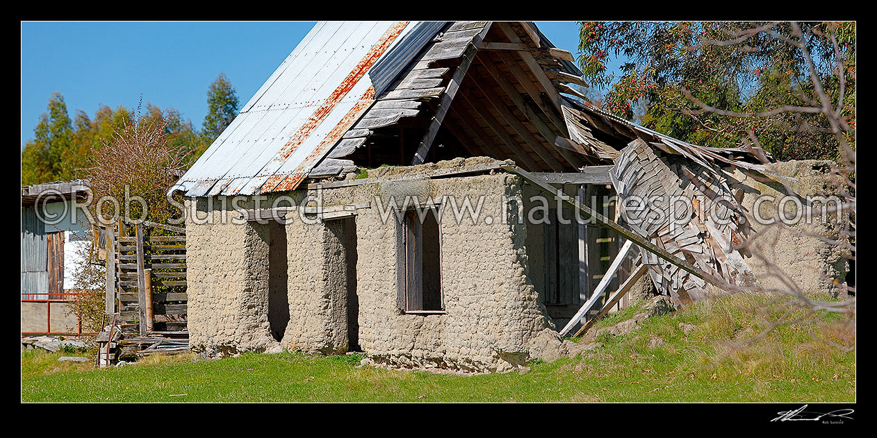 Image of Old cob farm house or building. Panorama, Blenheim, Marlborough District, Marlborough Region, New Zealand (NZ) stock photo image