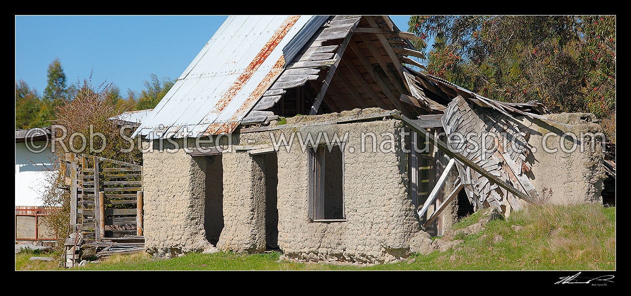 Image of Old cob farm house or building. Panorama, Blenheim, Marlborough District, Marlborough Region, New Zealand (NZ) stock photo image