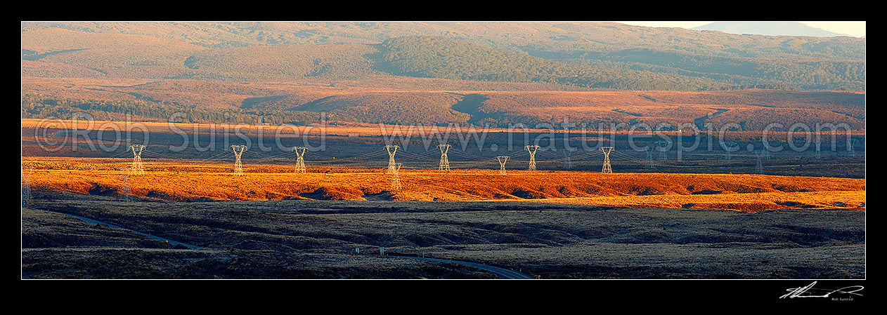 Image of Electricity power transmission lines and pylons crossing the Rangipo Desert, with the flanks of Mt Tongariro beyond. Panorama, Tongariro National Park, Taupo District, Waikato Region, New Zealand (NZ) stock photo image