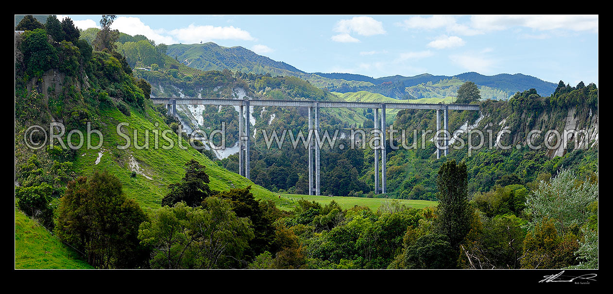 Image of South Rangitikei rail viaduct spanning the Rangitikei River, 78 m high, 315 m long, opened in 1981, Panorama, Mangaweka, Manawatu District, Manawatu-Wanganui Region, New Zealand (NZ) stock photo image