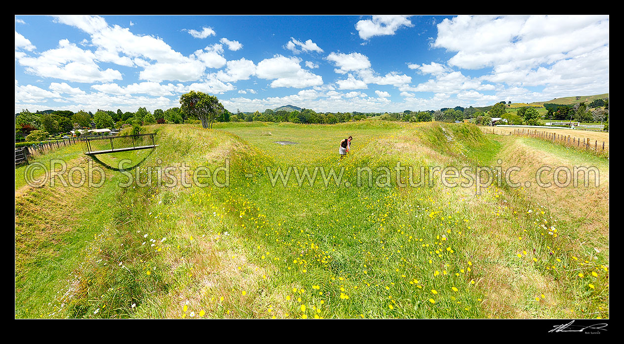 Image of Alexandra Redoubt, one of the best preserved earthworks of the New Zealand Wars. Originally constructed by the Armed Constabulary in 1869. Bellot Street. Panorama, Pirongia, Waipa District, New Zealand (NZ) stock photo image