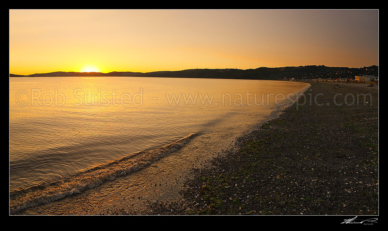 Image of Petone Beach sunset. Panorama, Petone, Hutt City District, Wellington Region, New Zealand (NZ) stock photo image