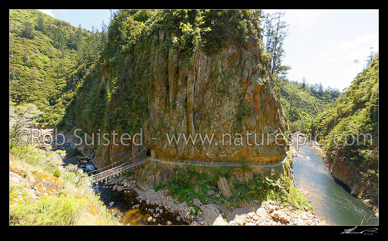 Image of Mining Heritage and precipitous slopes of the lower Waitawheta River Gorge, site of the Woodstock and Talisman mines and batteries. Windows walk track, Karangahake, Hauraki District, Waikato Region, New Zealand (NZ) stock photo image