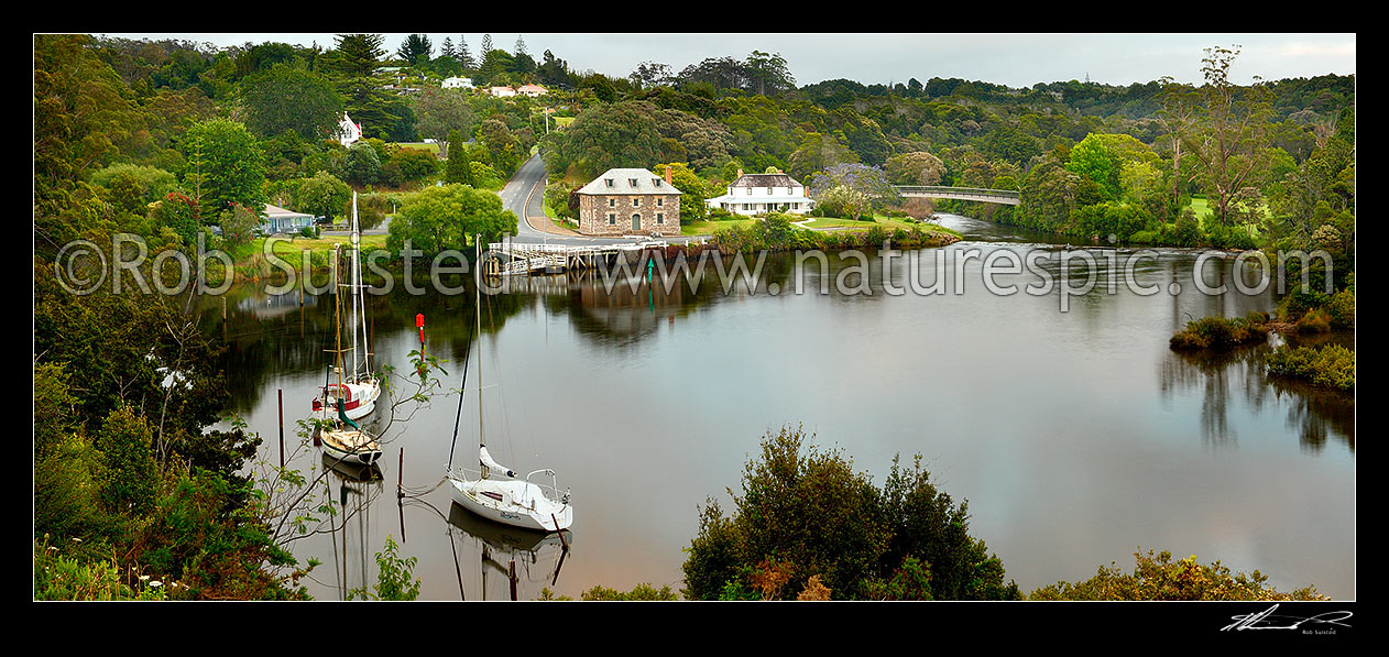 Image of Historic Stone Store (1832) and Mission Station Kemp House (1821) by the Kerikeri Inlet Basin. Panorama, Kerikeri, Far North District, Northland Region, New Zealand (NZ) stock photo image