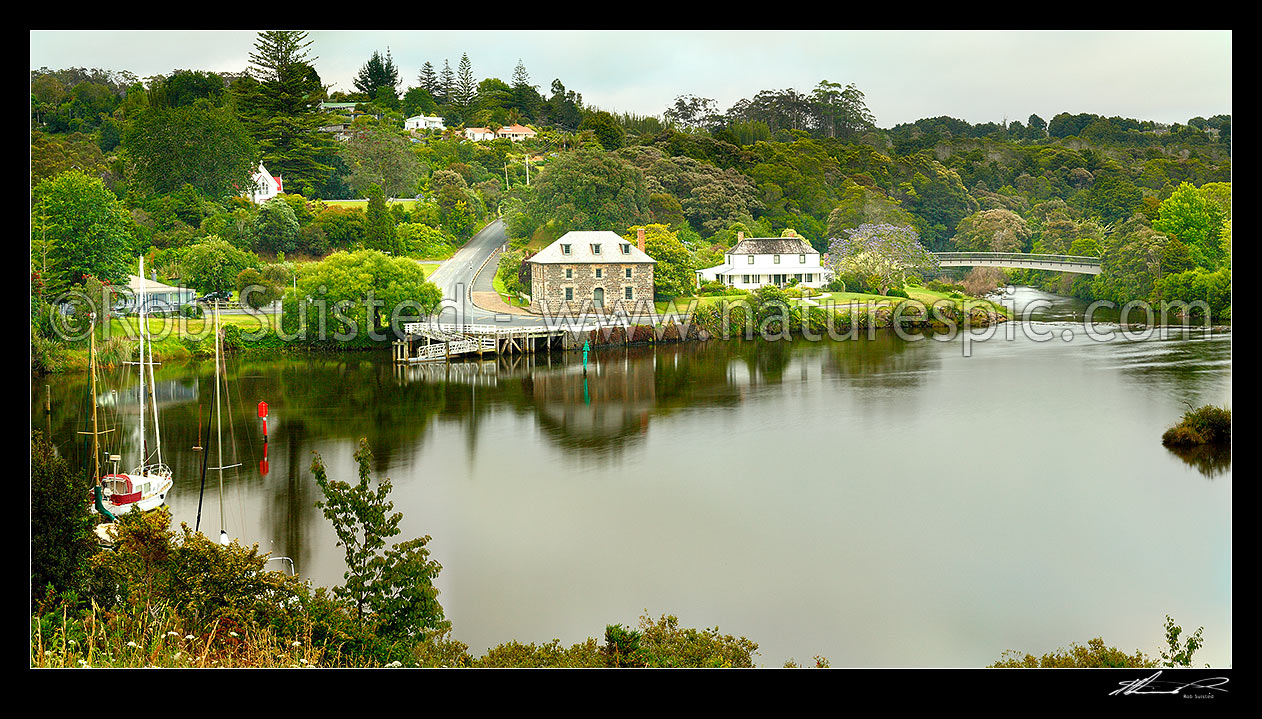 Image of Historic Stone Store (1832), Mission Station Kemp House (1821) and St James' Church #1878 - obscured# by the Kerikeri Inlet Basin. Panorama, Kerikeri, Far North District, Northland Region, New Zealand (NZ) stock photo image