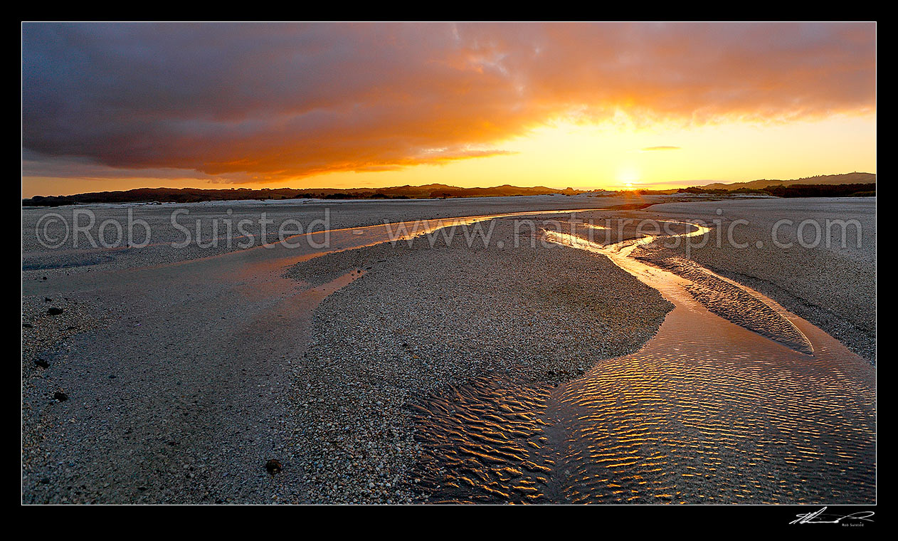 Image of Sunset over shellbanks and stream on the Hauraki Gulf coast near Miranda. Panorama, Kaiaua, Franklin District, Waikato Region, New Zealand (NZ) stock photo image