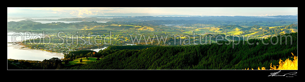 Image of Omaha morning light. Omaha River and Whangateau Harbour left, and Omaha Flat and Takatu farmland centre. Panorama, Omaha, Rodney District, Auckland Region, New Zealand (NZ) stock photo image