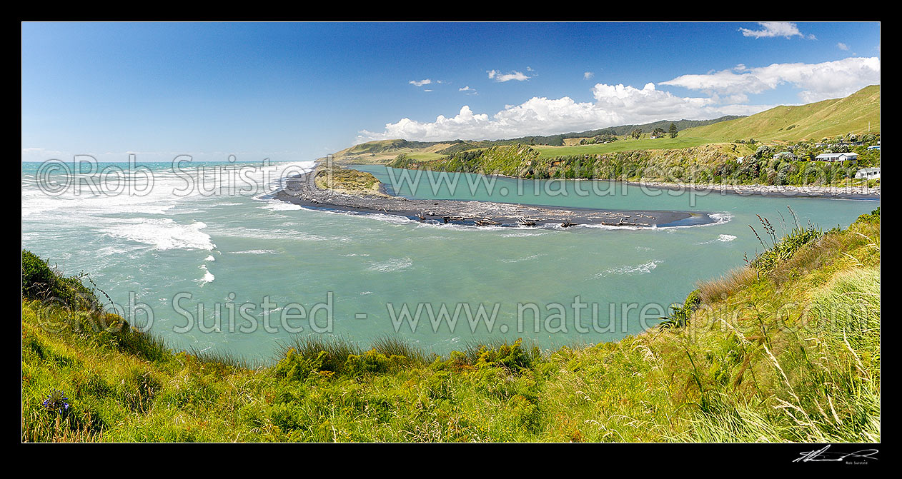 Image of Awakino River Mouth and sand bar. Panorama, Awakino, Waitomo District, Waikato Region, New Zealand (NZ) stock photo image