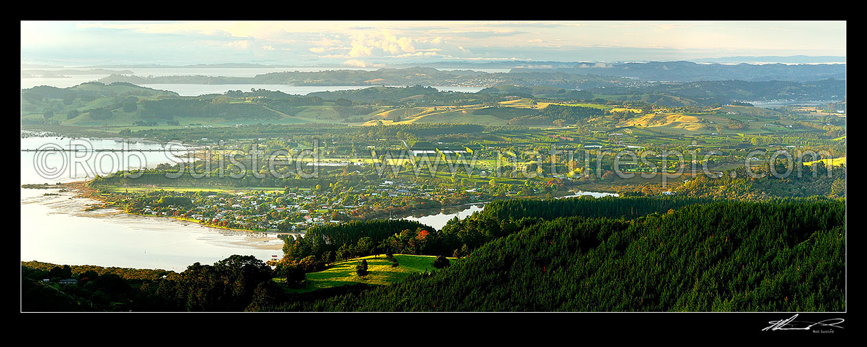 Image of Omaha morning light. Omaha River and Whangateau Harbour (left), and Omaha Flat and Takatu farmland centre. Panorama, Omaha, Rodney District, Auckland Region, New Zealand (NZ) stock photo image