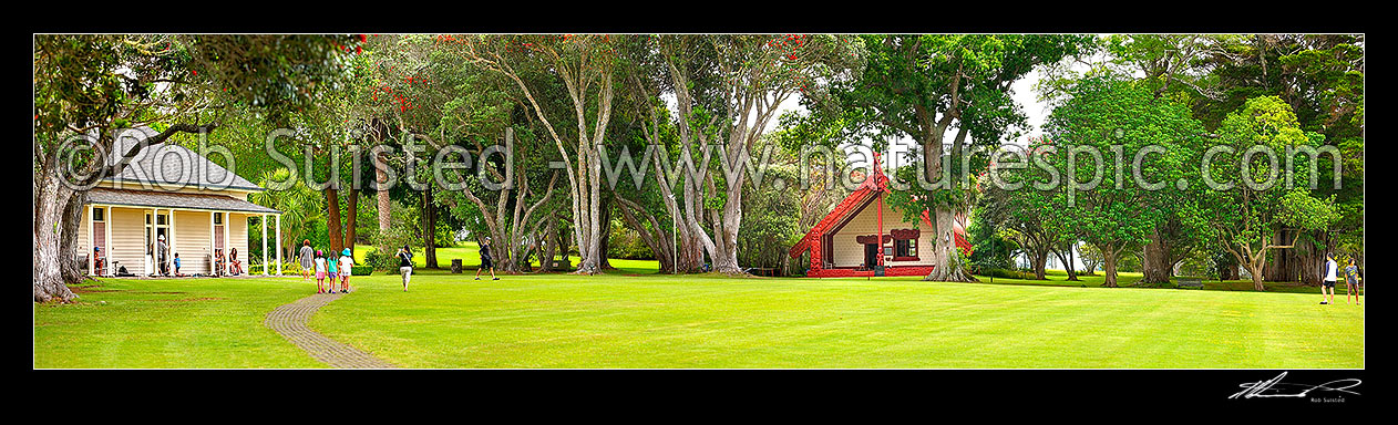 Image of The Treaty House (1834 - left) and Te Whare Runanga at the Waitangi Treaty Grounds. Te Tiriti o Waitangi. Panorama, Paihia, Bay of Islands, Far North District, Northland Region, New Zealand (NZ) stock photo image