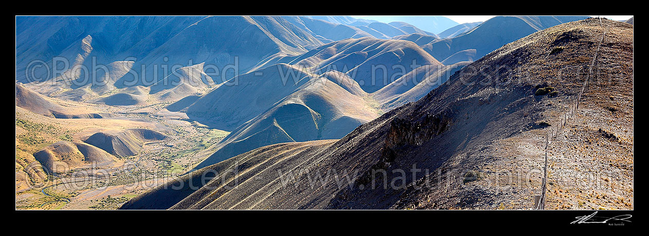 Image of Molesworth summer landscape above the Guide River (left), a tributary of the Acheron, and Half Moon Stream (centre). Panorama, Molesworth Station, Marlborough District, Marlborough Region, New Zealand (NZ) stock photo image