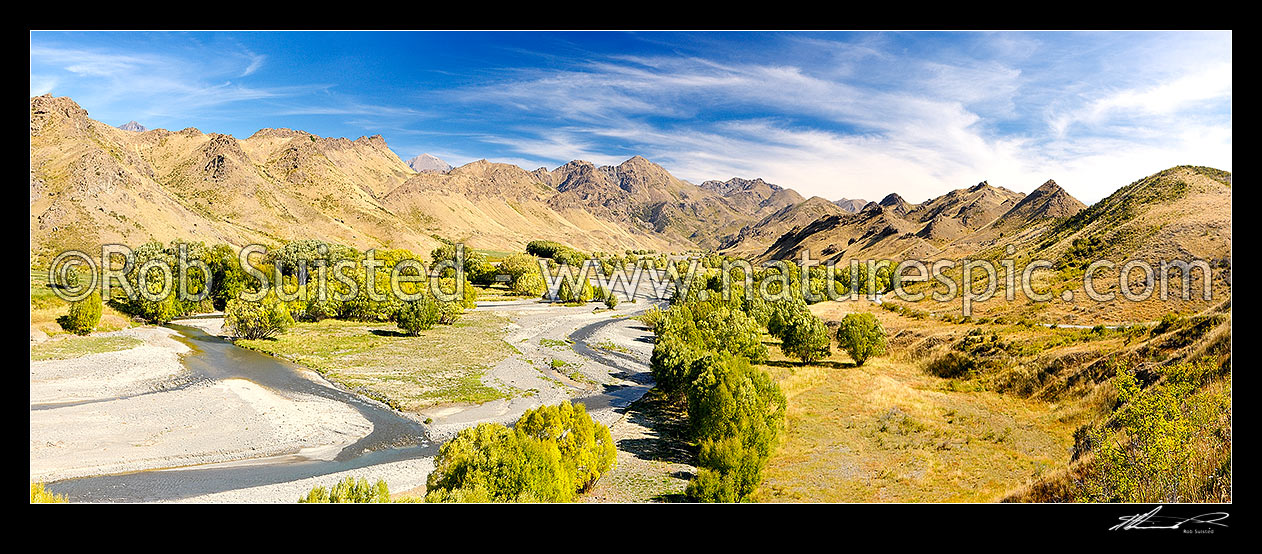 Image of Awatere River upper valley in late summer. Middlehurst. Panorama, Middlehurst, Awatere, Marlborough District, Marlborough Region, New Zealand (NZ) stock photo image