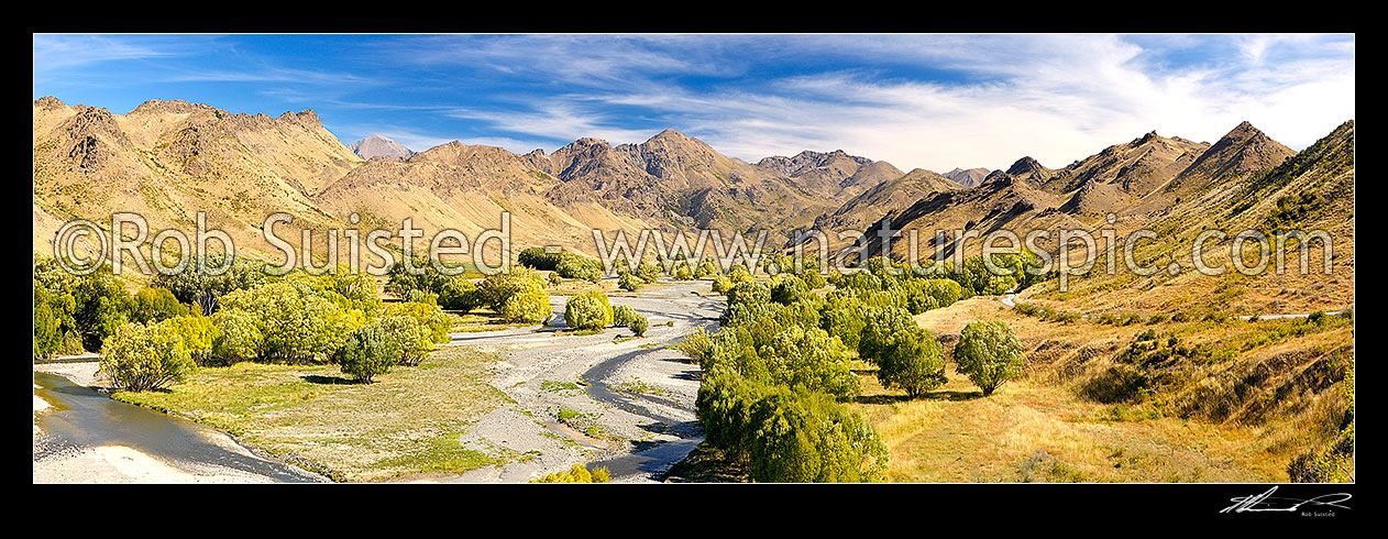 Image of Awatere River upper valley in late summer. Middlehurst. Panorama, Middlehurst, Awatere, Marlborough District, Marlborough Region, New Zealand (NZ) stock photo image