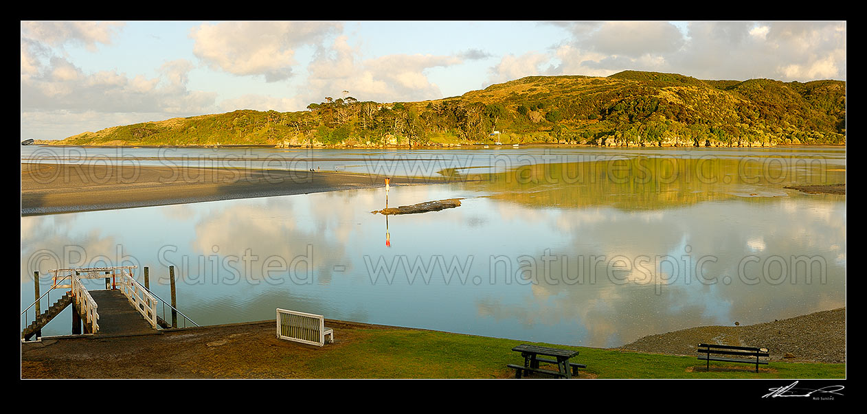 Image of Raglan Harbour at dawn. Panorama, Raglan, Waikato District, Waikato Region, New Zealand (NZ) stock photo image