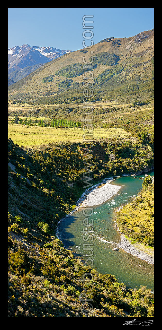 Image of Hurunui River below Lake Sumner. Glynn Wye Range and Mt Longfellow (1900m) behind. Vertical panorama, Lake Sumner, Hurunui District, Canterbury Region, New Zealand (NZ) stock photo image