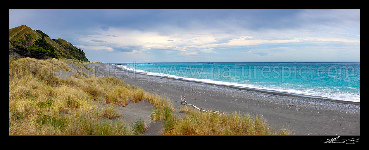 Image of Kekerengu Beach and sand dunes on the Kaikoura Coast. Panorama, Kekerengu, Kaikoura District, Canterbury Region, New Zealand (NZ) stock photo image