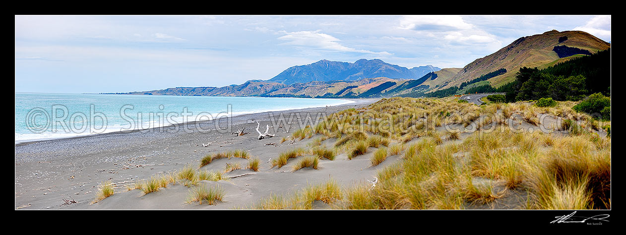 Image of Kekerengu Beach and sand dunes looking south along on the Kaikoura Coast. State Highway 1 visible at right. Panorama, Kekerengu, Kaikoura District, Canterbury Region, New Zealand (NZ) stock photo image