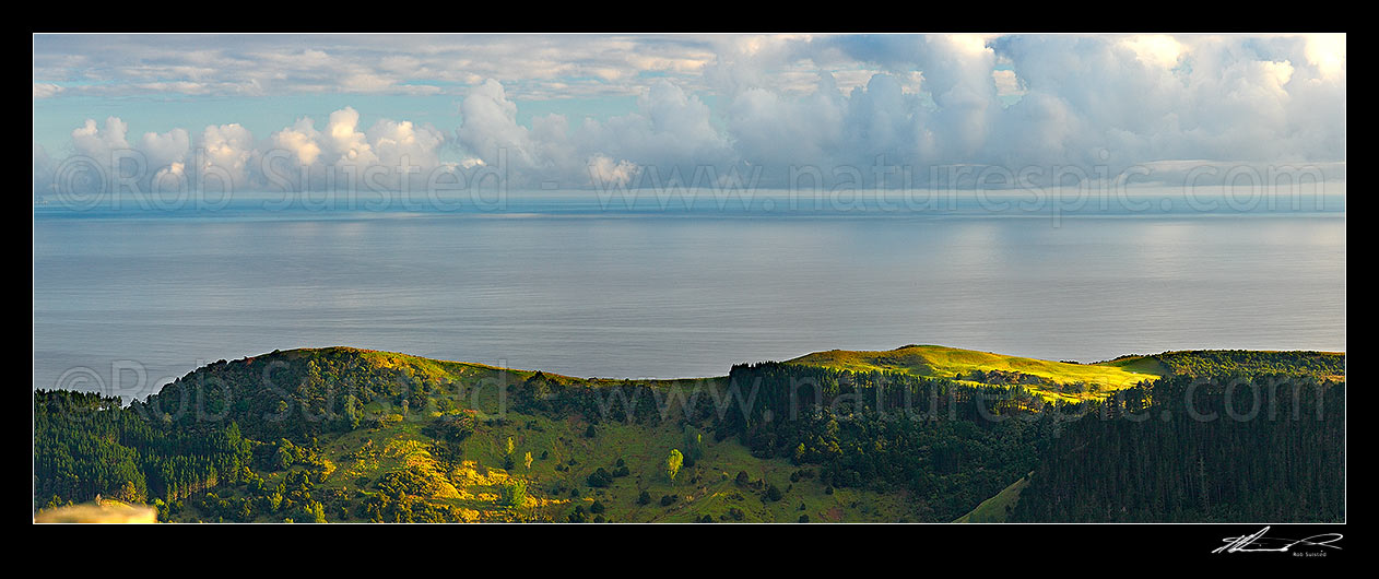 Image of Coastal farmland panorama looking out over the Jellicoe Channel between Pakiri Beach and Leigh, Leigh, Rodney District, Auckland Region, New Zealand (NZ) stock photo image