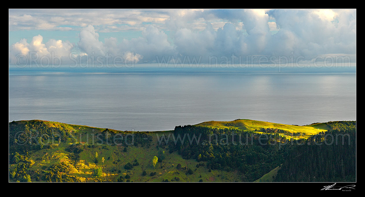 Image of Coastal farmland panorama looking out over the Jellicoe Channel between Pakiri Beach and Leigh, Leigh, Rodney District, Auckland Region, New Zealand (NZ) stock photo image