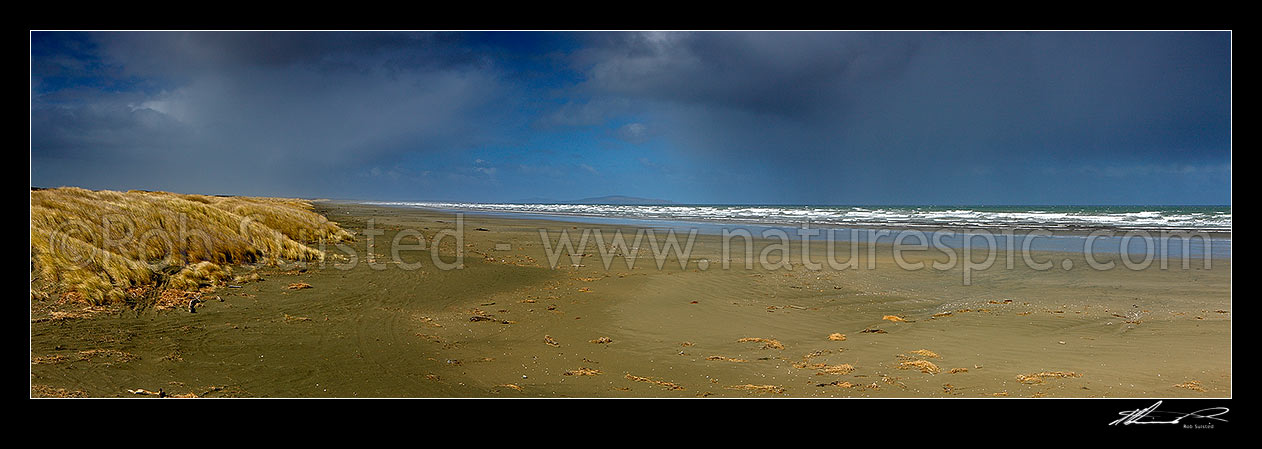 Image of Oreti Beach and sand dunes at Waimatuku Stream mouth, between Invercargill and Riverton. The Bluff hill centre distance. Panorama, Oreti Beach, Southland District, Southland Region, New Zealand (NZ) stock photo image