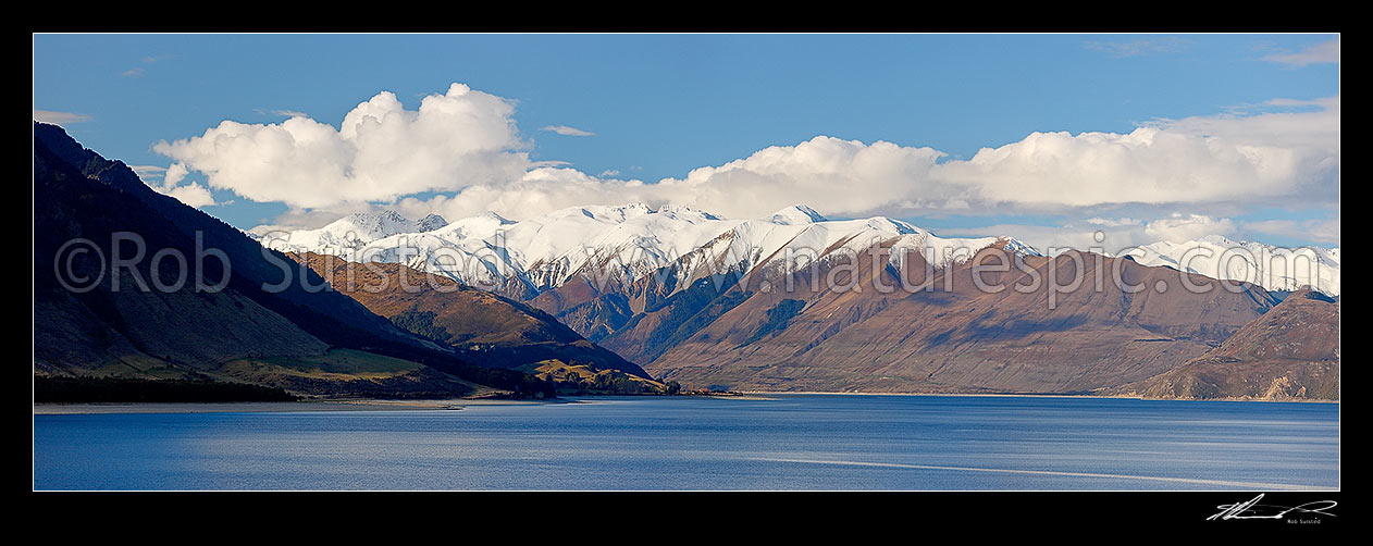 Image of Lake Hawea and the Huxley Range. Winter panorama, Lake Hawea, Otago, Queenstown Lakes District, Otago Region, New Zealand (NZ) stock photo image