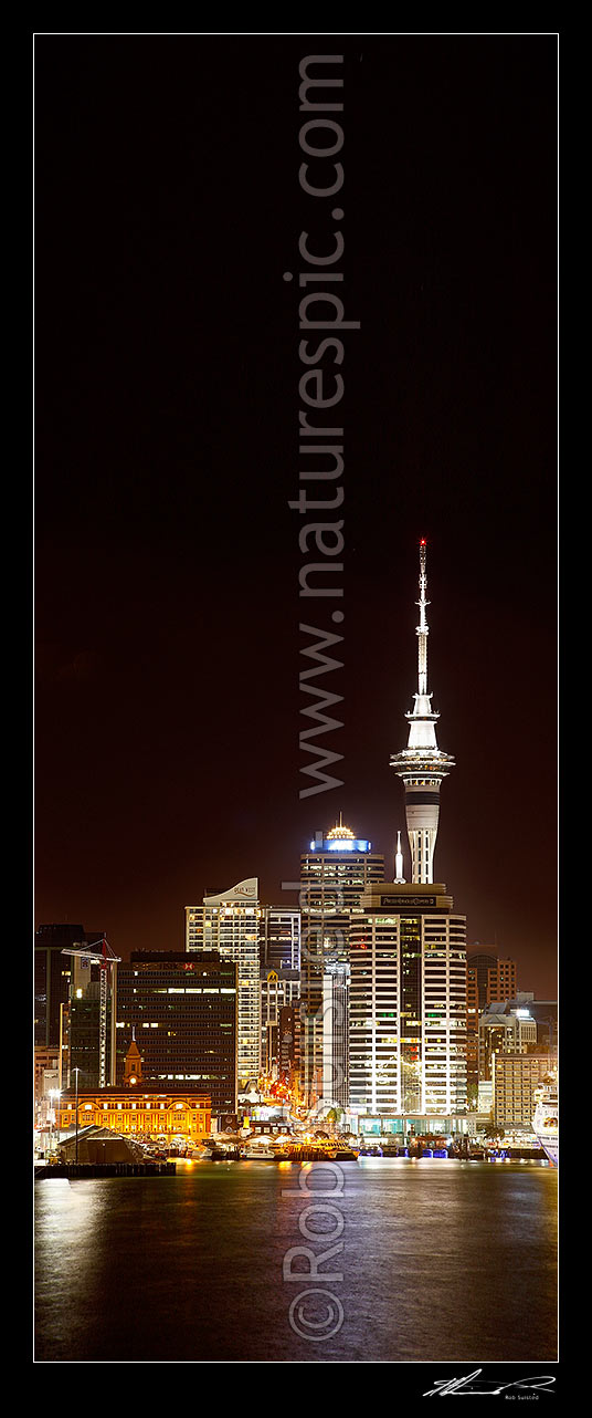 Image of Auckland City CBD skyline, buildings, waterfront and Sky tower from Devonport in night time photo, Auckland City, Auckland City District, Auckland Region, New Zealand (NZ) stock photo image