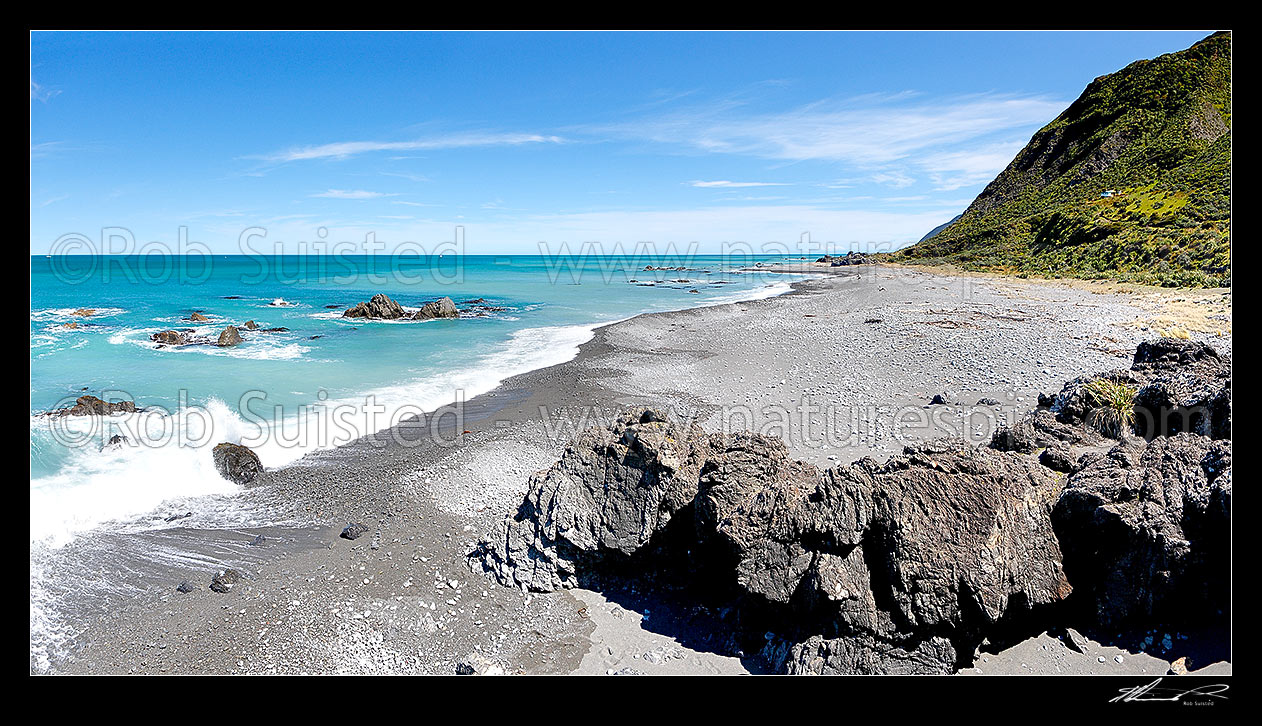 Image of Windy Point in Palliser Bay, looking towards Turakirae Head. Remutaka (Rimutaka) Forest Park near Mukamukaiti Streams. South Island visible in distance. Panorama, Palliser Bay, South Wairarapa District, Wellington Region, New Zealand (NZ) stock photo image