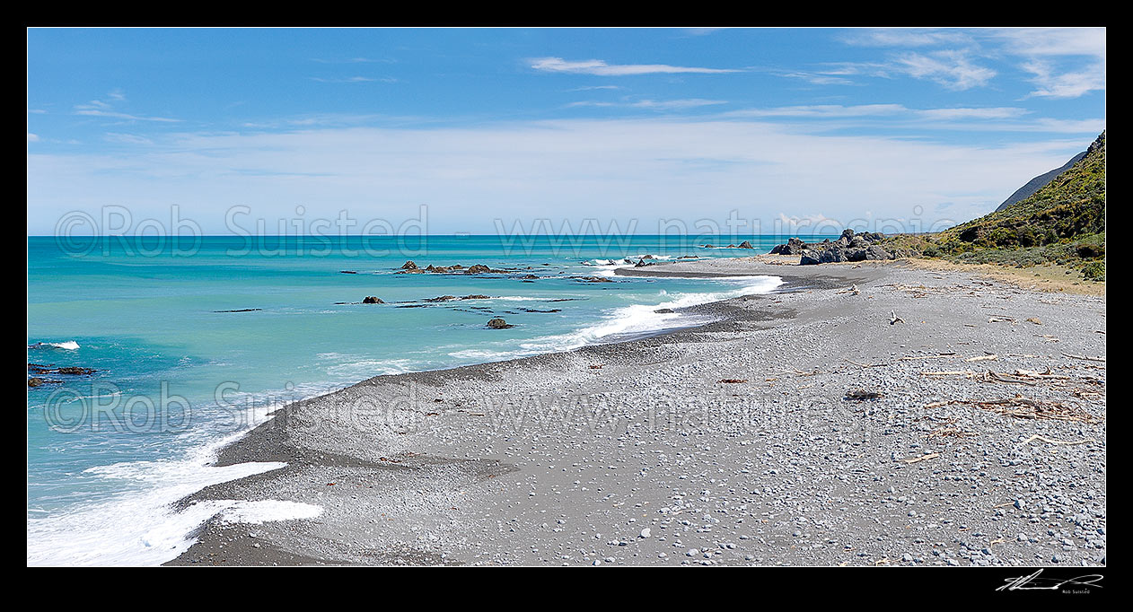 Image of Windy Point in Palliser Bay, looking towards Turakirae Head. Remutaka (Rimutaka) Forest Park near Mukamukaiti Streams. South Island visible in distance. Panorama, Palliser Bay, South Wairarapa District, Wellington Region, New Zealand (NZ) stock photo image