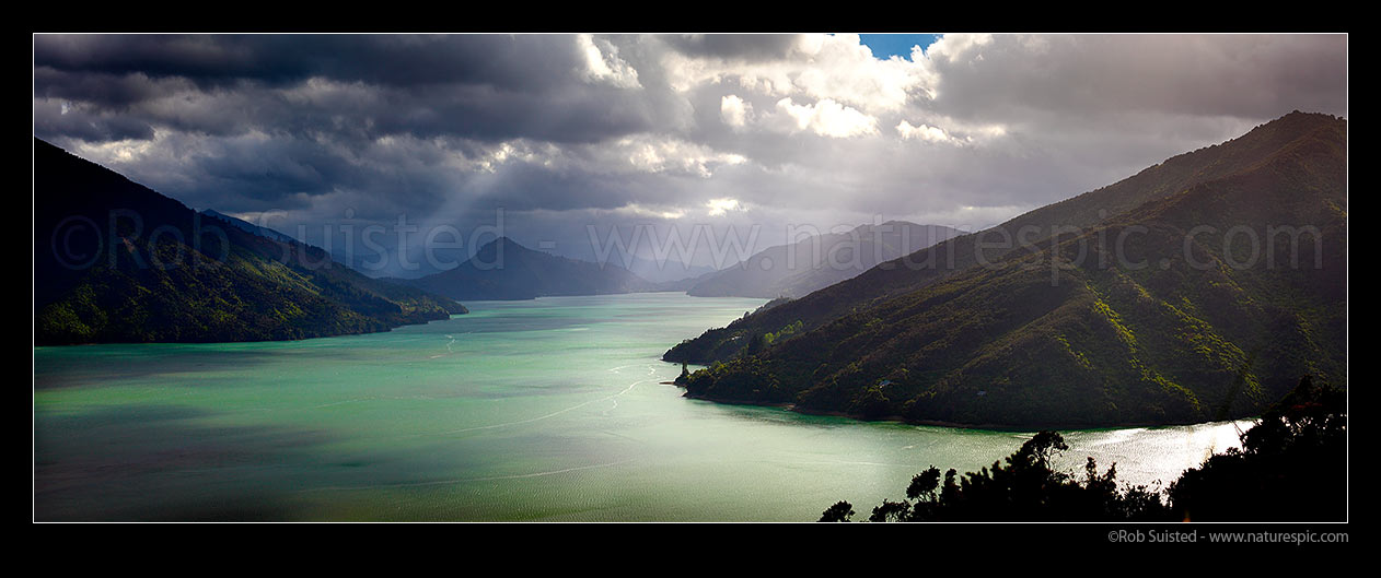 Image of Pelorus Sound and Mahau Sound on a moody stormy day. Okahoka Point and Hoods Bay centre. Marlborough Sounds panorama, Havelock, Marlborough District, Marlborough Region, New Zealand (NZ) stock photo image