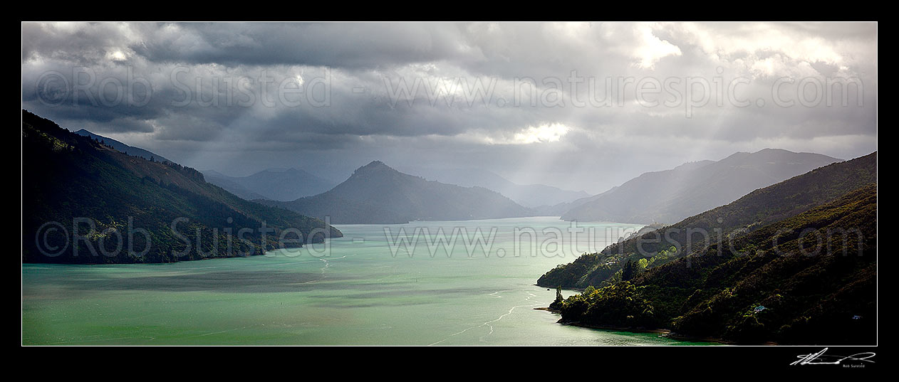 Image of Pelorus Sound and Mahau Sound on a moody stormy day. Black Point left, Ohinetaha Bay centre, Okahoka Point and Hoods Bay at right. Marlborough Sounds panorama, Havelock, Marlborough District, Marlborough Region, New Zealand (NZ) stock photo image