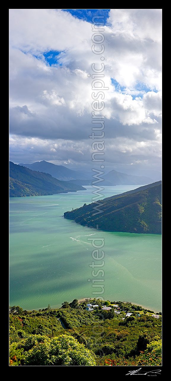 Image of Pelorus Sound and Mahau Sound. Okahoka Point and Hoods Bay centre, Mahakipawa arm bottom right. Marlborough Sounds. Vertical panorama, Havelock, Marlborough District, Marlborough Region, New Zealand (NZ) stock photo image