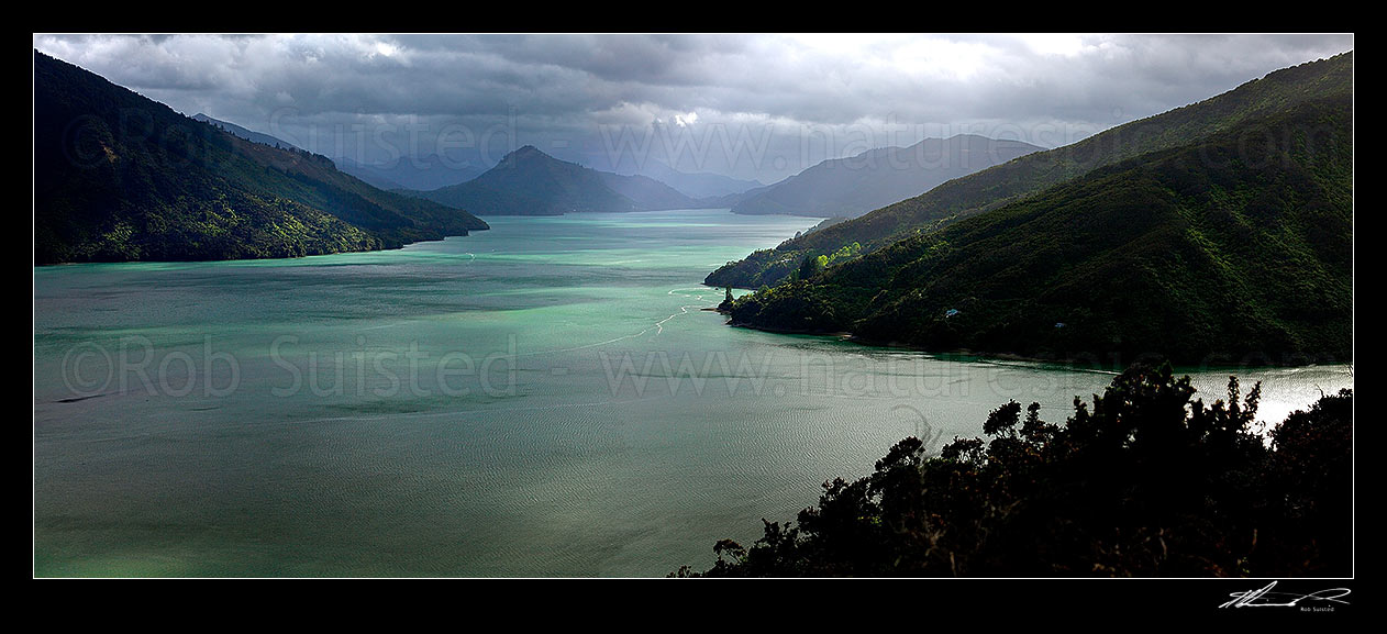 Image of Pelorus Sound and Mahau Sound on a moody stormy day. Black Point left, Ohinetaha Bay centre, Okahoka Point and Hoods Bay and Mahakipawa Arm at right. Marlborough Sounds panorama, Havelock, Marlborough District, Marlborough Region, New Zealand (NZ) stock photo image