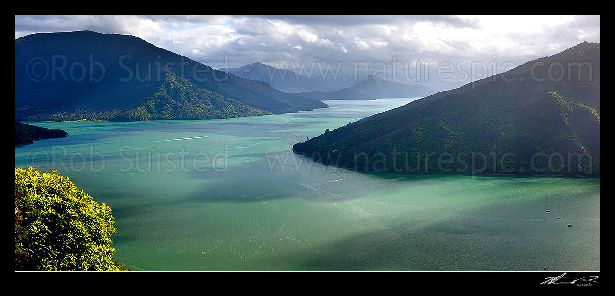 Image of Pelorus Sound and Mahau Sound. Kaiuma Bay left, Black Point centre, Okahoka Point, Hoods Bay and Mahakipawa Arm centre right. Marlborough Sounds panorama, Havelock, Marlborough District, Marlborough Region, New Zealand (NZ) stock photo image