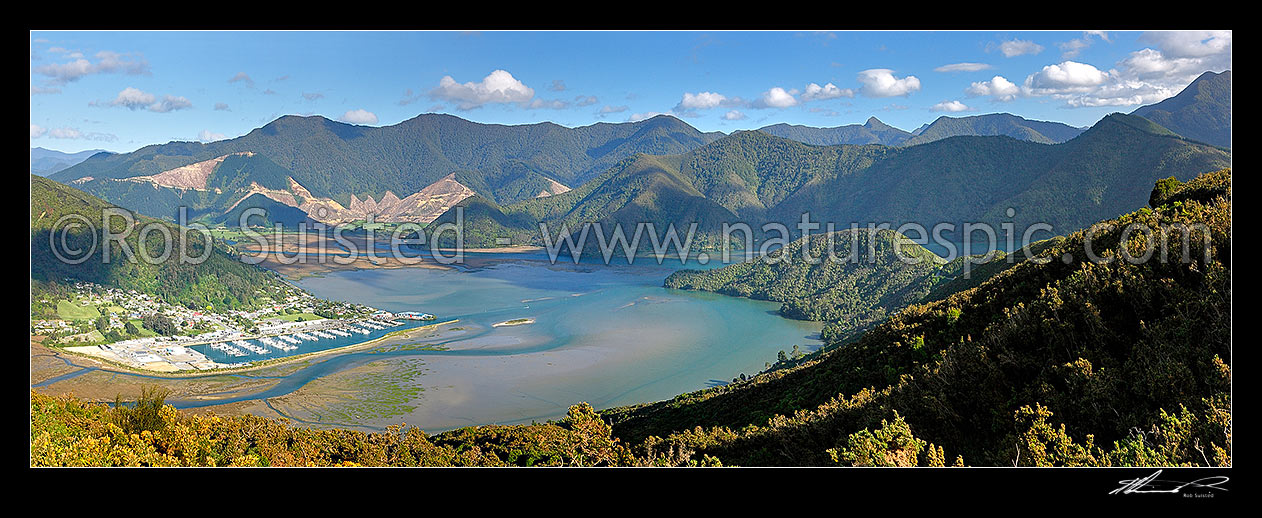 Image of Havelock township, port and marina, with Pelorus River flowing into Pelorus Sound at left. Cullen Point centre. Panorama, Havelock, Marlborough District, Marlborough Region, New Zealand (NZ) stock photo image