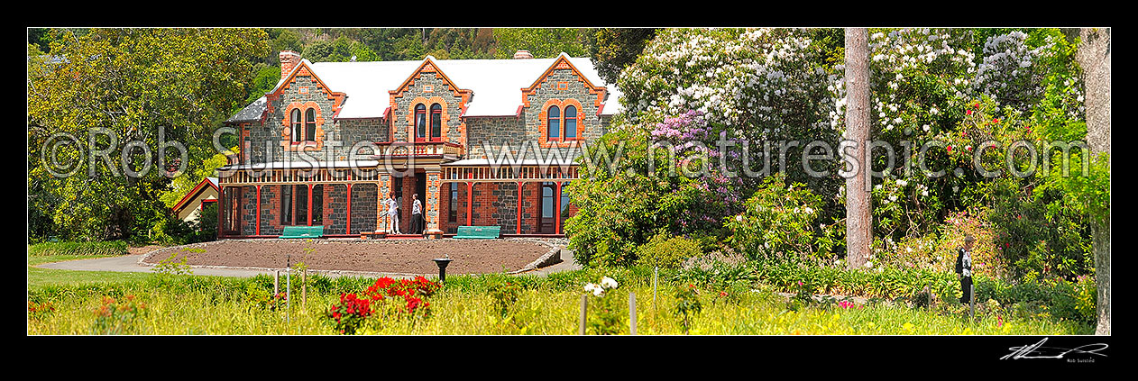 Image of Isel House and gardens, an historic house built around 1887 by Englishman Thomas Marsden, Panorama, Stoke, Nelson City District, Nelson Region, New Zealand (NZ) stock photo image