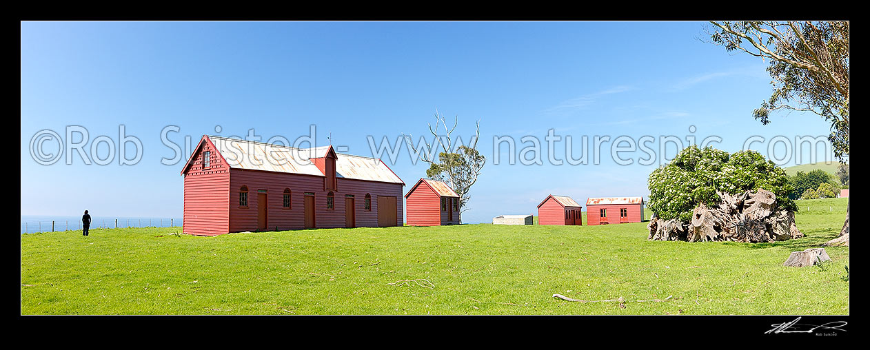 Image of Matanaka Farm Buildings, built by Johnny Jones, pioneering settler in Otago in the 1840's. Panorama, Waikouaiti, Dunedin City District, Otago Region, New Zealand (NZ) stock photo image