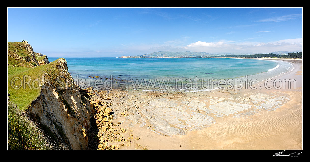 Image of Matanaka or Waikouaiti Beach from Cornish Head, looking south towards Dunedin. Panorama, Waikouaiti, Dunedin City District, Otago Region, New Zealand (NZ) stock photo image