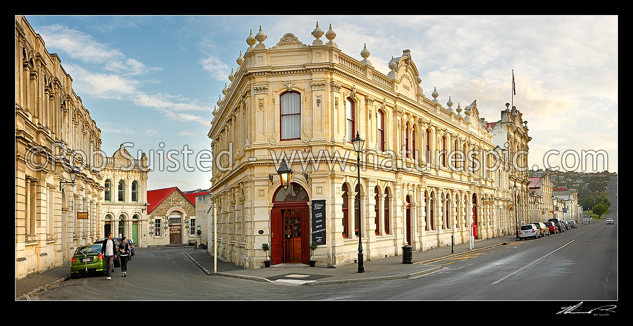 Image of Heritage 1877 Criterion Hotel building on Tyne Street in the historic precinct. Oamaru Limestone. Panorama, Oamaru, Waitaki District, Canterbury Region, New Zealand (NZ) stock photo image