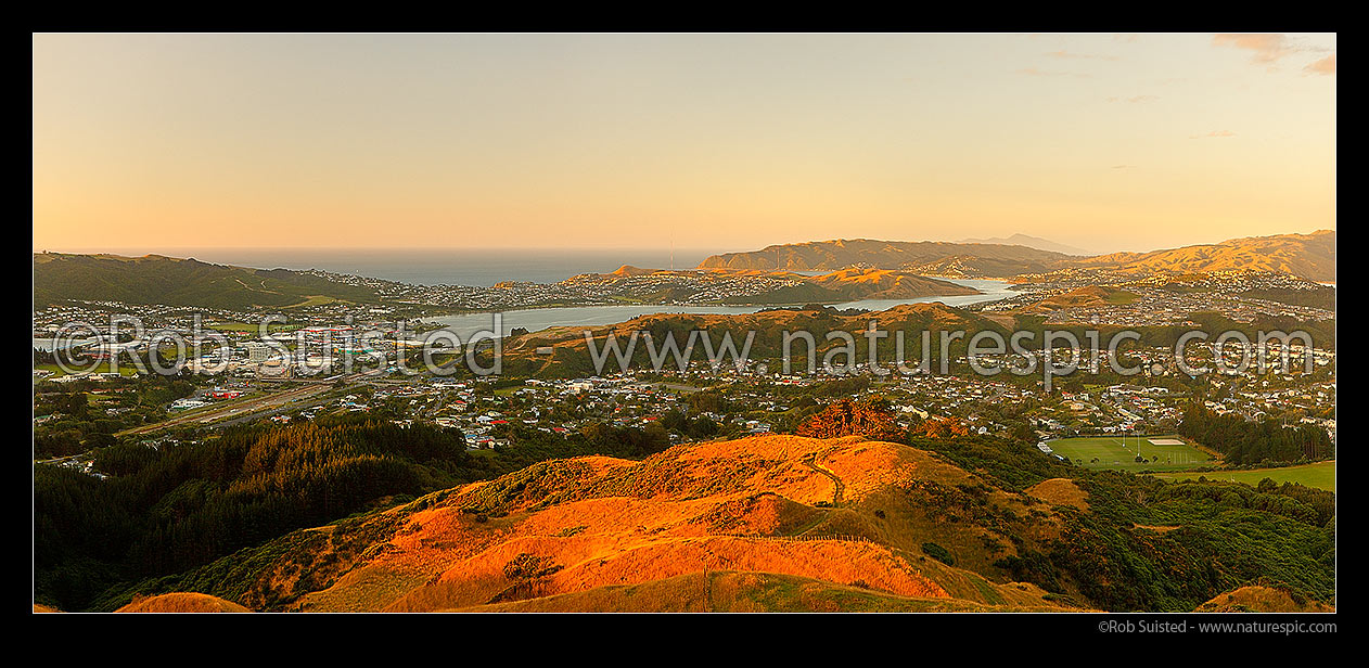 Image of Porirua City and Harbour with Titahi Bay centre. Plimmerton, Paremata, Camborne and Kapiti Island distant. Panorama, Porirua, Porirua City District, Wellington Region, New Zealand (NZ) stock photo image