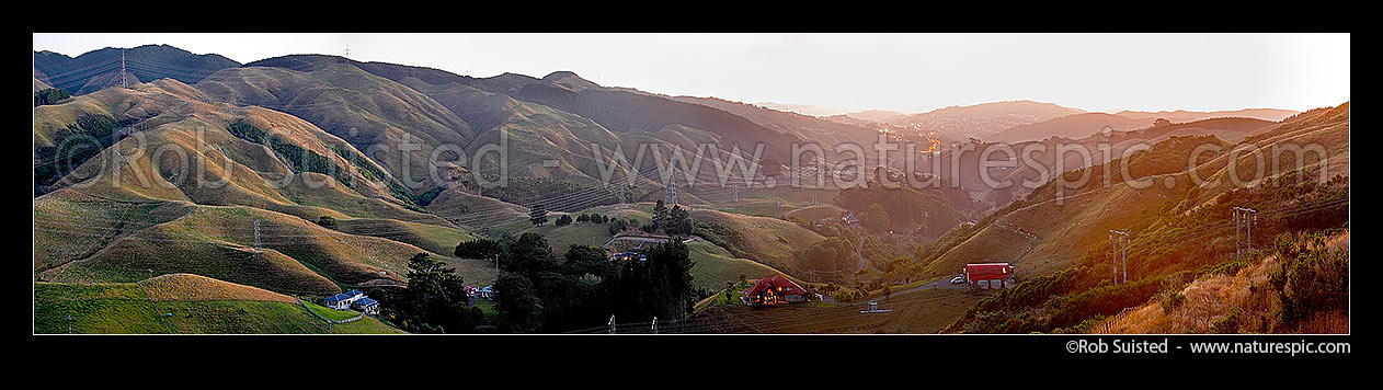 Image of Takapu Valley, looking from head toward Grenada North and SH1 in distance. Belmont Regional Park far right. Takapu Road. Panorama, Tawa, Wellington City District, Wellington Region, New Zealand (NZ) stock photo image