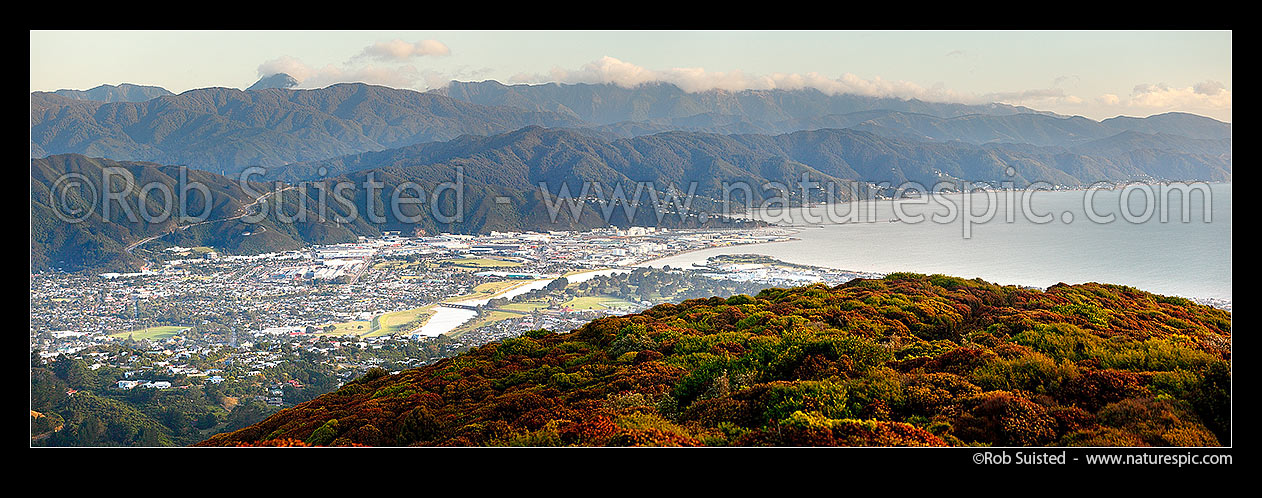 Image of Hutt Valley and Petone from Belmont. Wainuiomata Hill Rd (left) to Point Howard, Days Bay and Eastbourne (right). Remutaka (Rimutaka) Ranges beyond. Panorama, Hutt Valley, Hutt City District, Wellington Region, New Zealand (NZ) stock photo image