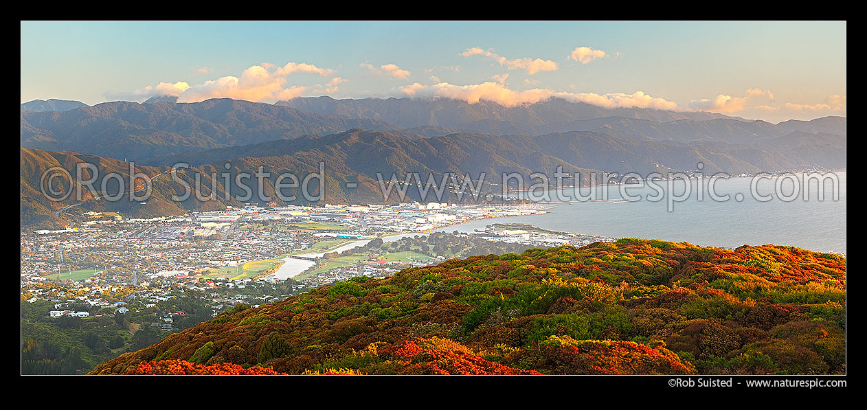 Image of Hutt Valley and Petone from Belmont. Wainuiomata Hill Rd (left) to Point Howard, Days Bay and Eastbourne (right). Remutaka (Rimutaka) Ranges beyond. Panorama, Hutt Valley, Hutt City District, Wellington Region, New Zealand (NZ) stock photo image