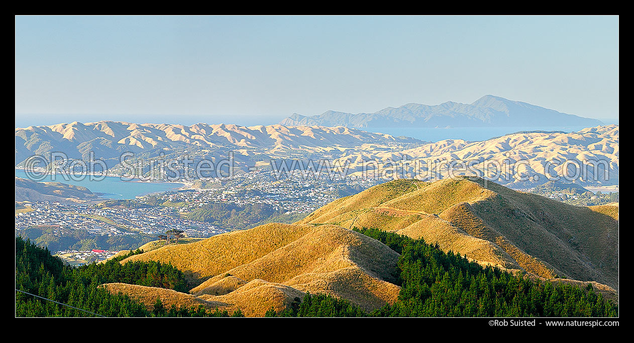 Image of Porirua Harbour, Plimmerton, Aotea, Waitangirua, Camborne, Pukerua Bay, Kapiti Island (beyond) seen from Belmont Regional Park. Panorama, Belmont Regional Park, Porirua City District, Wellington Region, New Zealand (NZ) stock photo image