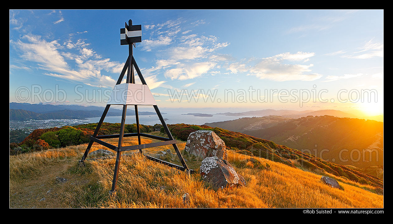 Image of Wellington Harbour at sunset from Belmont Trig station (456m). Hutt Valley far left, Korokoro Horokiwi at right. Panorama, Belmont Regional Park, Wellington City District, Wellington Region, New Zealand (NZ) stock photo image