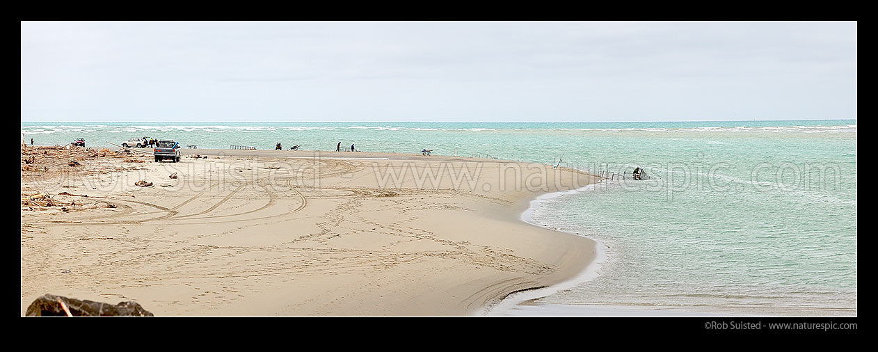 Image of Whitebaiters whitebaiting and fishermen at the Waimakariri River Mouth. Panorama, Kaiapoi, Waimakariri District, Canterbury Region, New Zealand (NZ) stock photo image