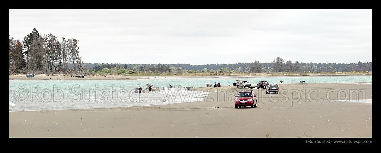 Image of Whitebaiters whitebaiting at the Waimakariri River Mouth. Panorama, Kaiapoi, Waimakariri District, Canterbury Region, New Zealand (NZ) stock photo image