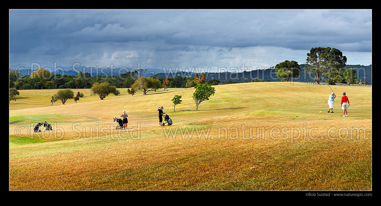 Image of Waitangi Golf Club over looking the Bay of Islands towards Russell. Panorama, New Zealand (NZ) stock photo image