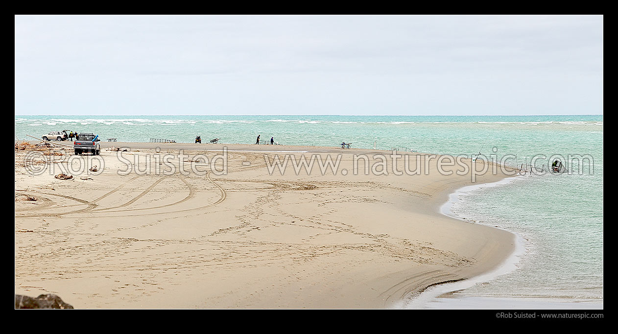 Image of Whitebaiters whitebaiting and fishermen at the Waimakariri River Mouth. Panorama, Kaiapoi, Waimakariri District, Canterbury Region, New Zealand (NZ) stock photo image